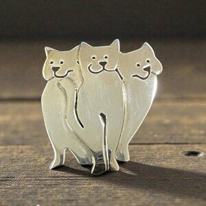 Vintage Sterling Silver Cat Brooch Pin Hallmarked "Far Fetched" 3 Cute Cats